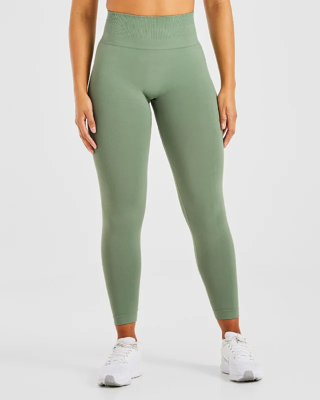 Power Seamless Leggings - Olive Comfortable Ribbed Sports Leggings