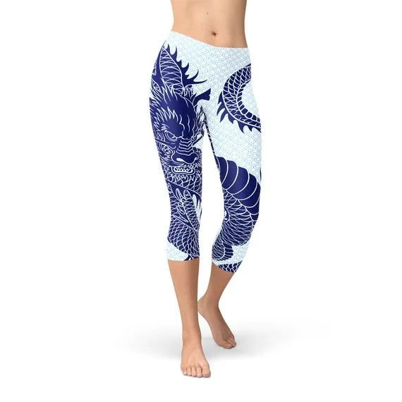 Womens Japanese Dragon Capri Leggings Cozy Sweat-Wicking Leggings
