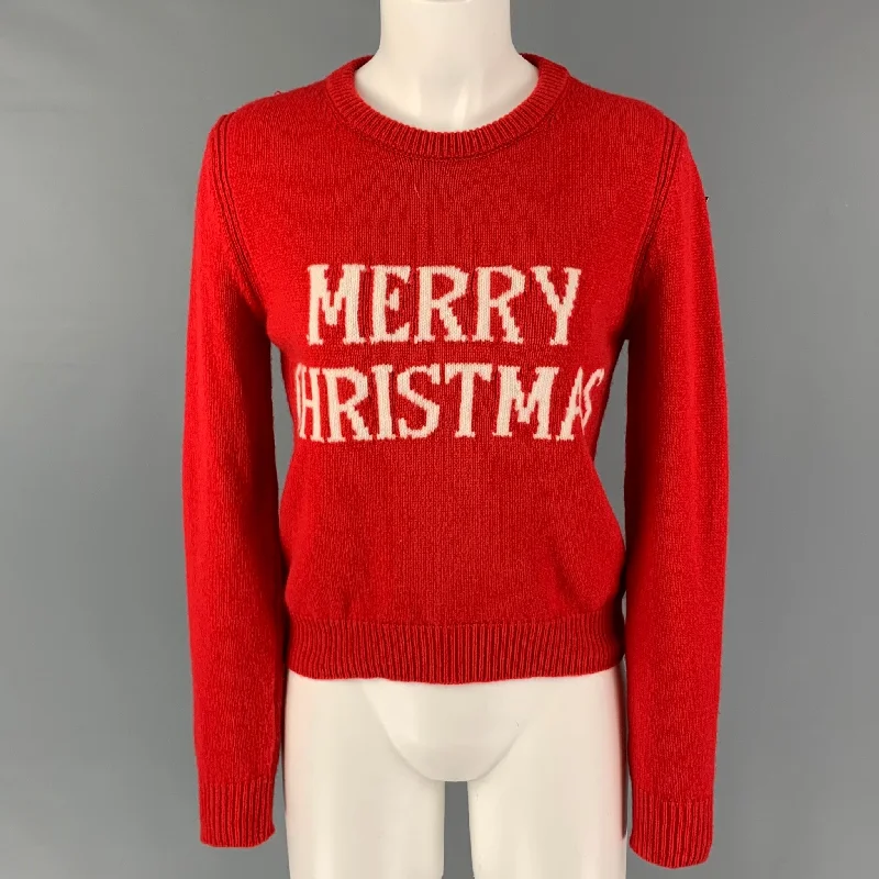 ALBERTA FERRETTI Size 4 Red White Virgin Wool Cashmere Sweater Herringbone Houndstooth Plaid