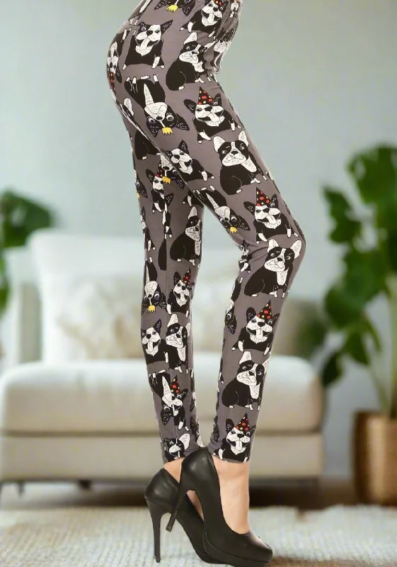 Womens Boston Terrier Dog Leggings, Soft Yoga Pants, Sizes 0-18, No-Roll Waist, Gray Fashionable Smooth Fit Leggings