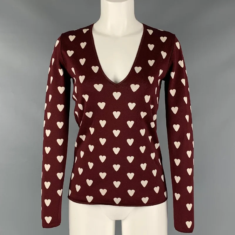 BURBERRY PRORSUM Size S Brown Silk Blend Print V-Neck Sweater Iron Safe Non-Iron Wrinkle Free