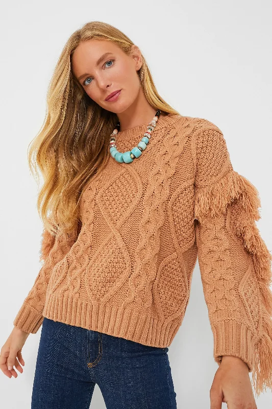 Camel Francesca Fringe Sweater Solid Print Embellished