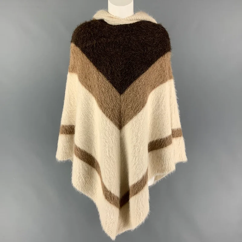 CELINE Size XS Cream Brown Alpaca Blend Color Block Poncho Sweater Neon Metallic Matte