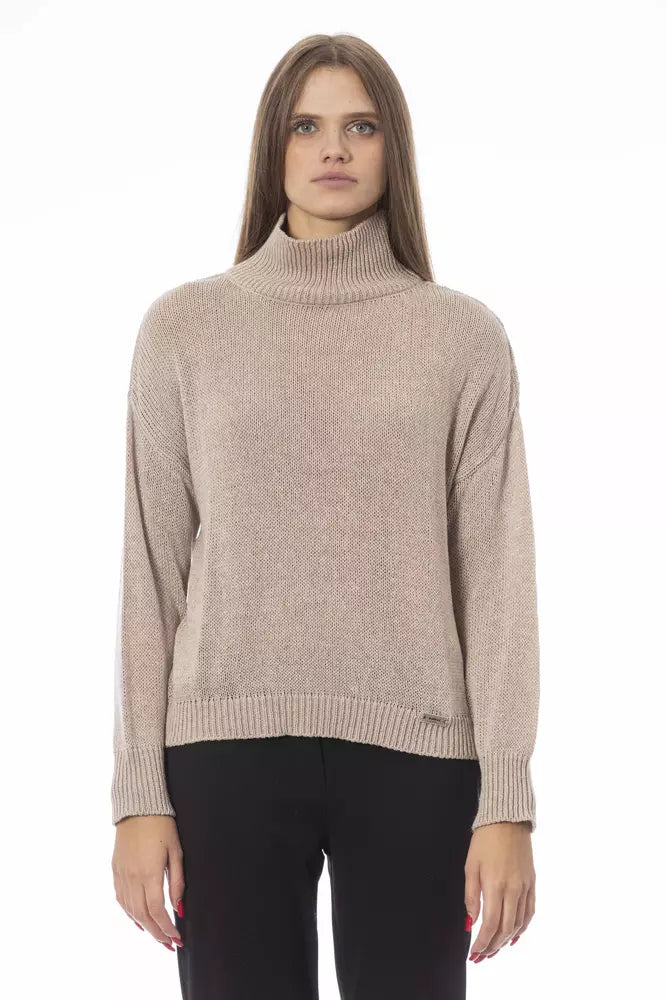 Beige Wool Women Sweater Graphic Sweater Embroidered Appliqued