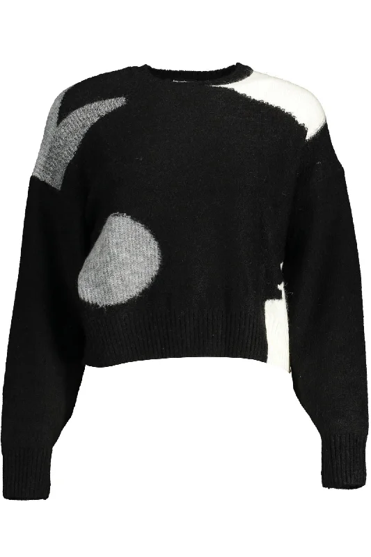 Black Acrylic Women Sweater Print Jacquard Patchwork