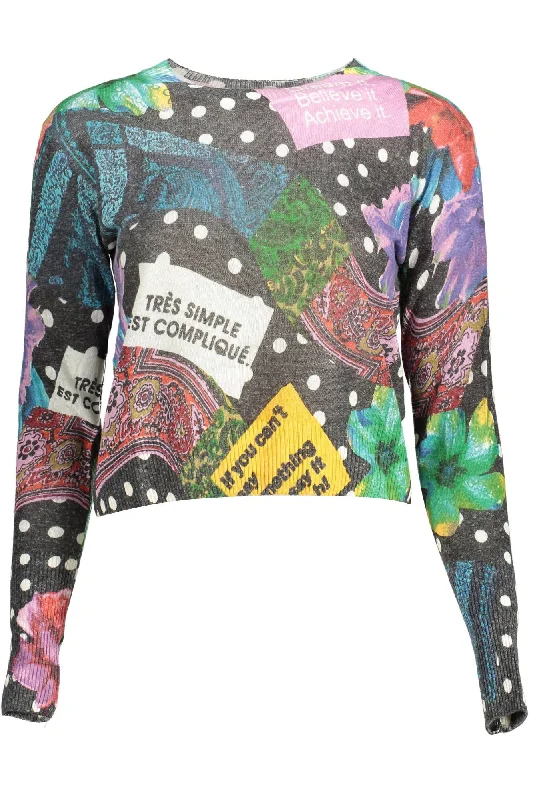 Black Acrylic Women Sweater Mesh Blend Leather Blend Suede Blend