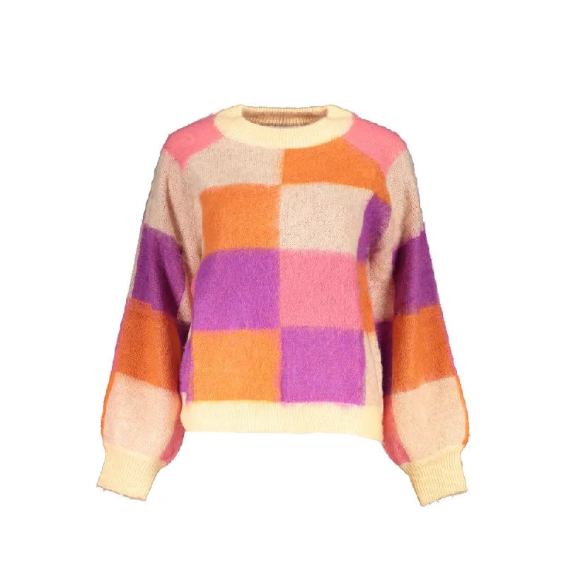 Chic Pink Contrast Crew Neck Sweater Mesh Fabric Canvas Fabric Denim Fabric
