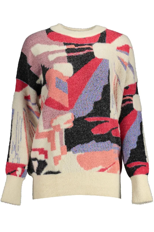 White Viscose Women Sweater Collared Crew Neck Turtle Neck