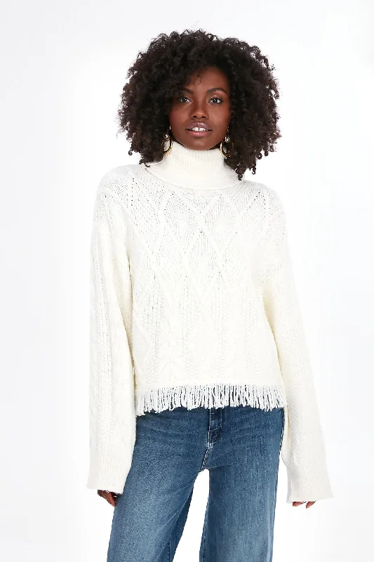 Cream Cable Pattern Turtleneck Fringe Sweater Bright Pastel Dark