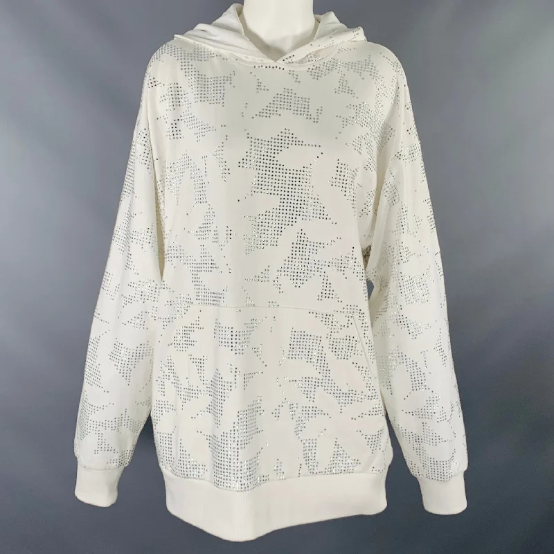 DAVID KOMA Size S White Silver Cotton Floral Rhinestone Hooded Sweater High Neck Crew Neck V-Neck