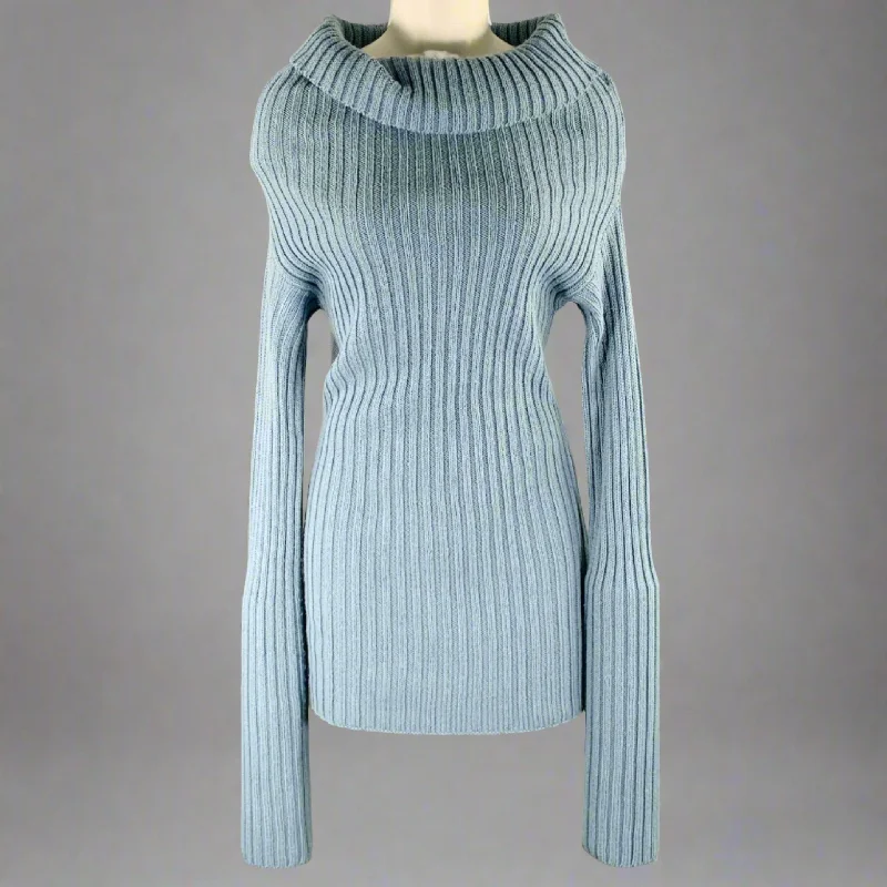 DOLCE & GABBANA Size 6 Blue Virgin Wool Blend Ribbed Sweater Spandex Rayon Corduroy