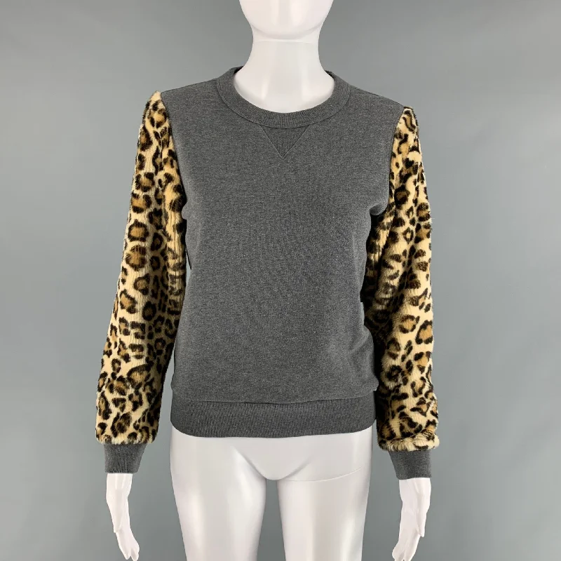 DRIES VAN NOTEN Size XS Gray Brown Cotton Animal Crew-Neck Sweater Hooded Sweater Collared Sweater Shawl Collar