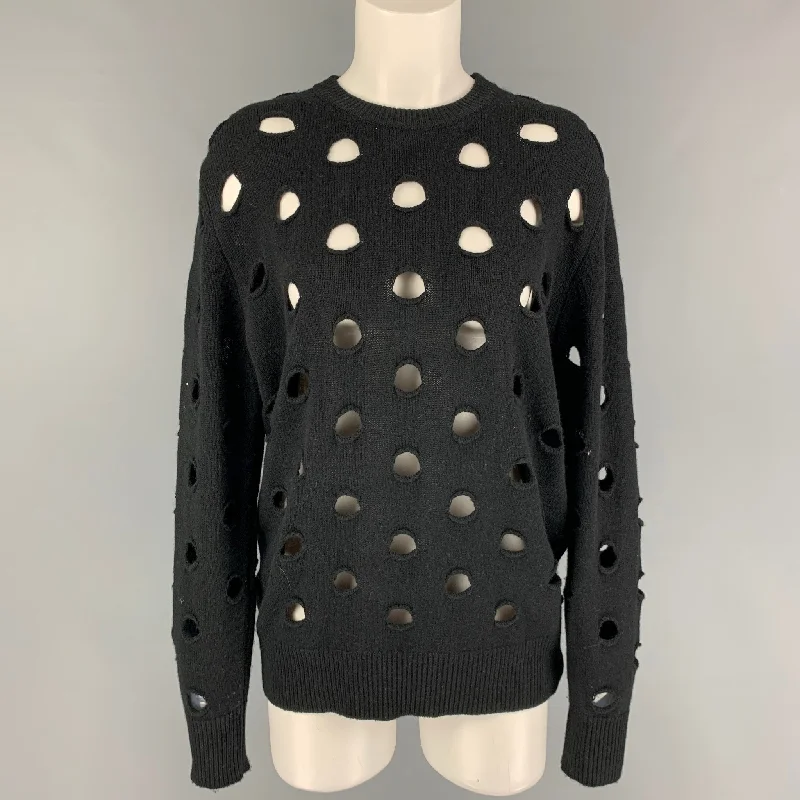 EACH X OTHER Size S Black Merino Wool Distressed Crew-Neck Sweater Glossy Satin Silk