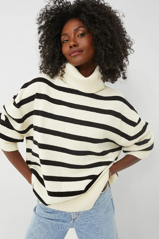 Ecru and Black Striped Turtleneck Sweater Stylish Fashionable Trendy