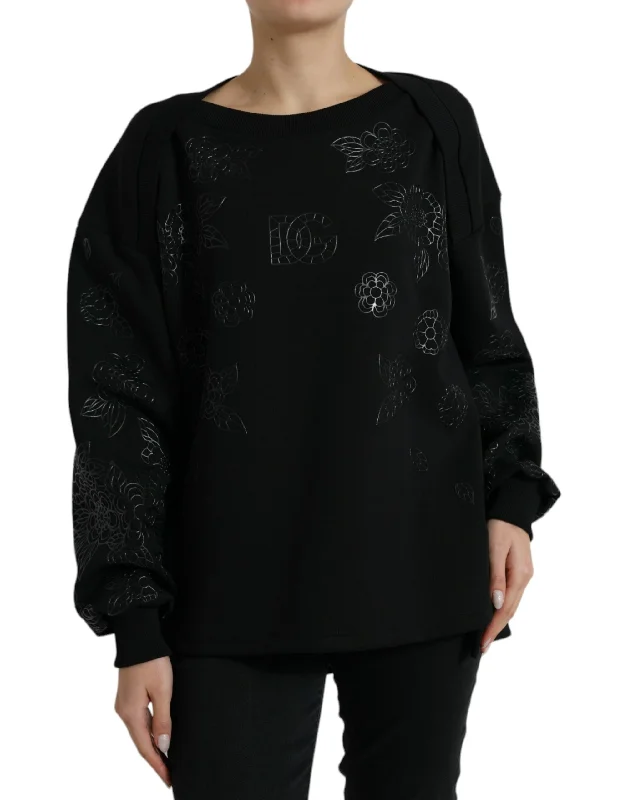 Elegant Black Floral Applique Sweater Knit Fabric Woven Fabric Fleece Fabric