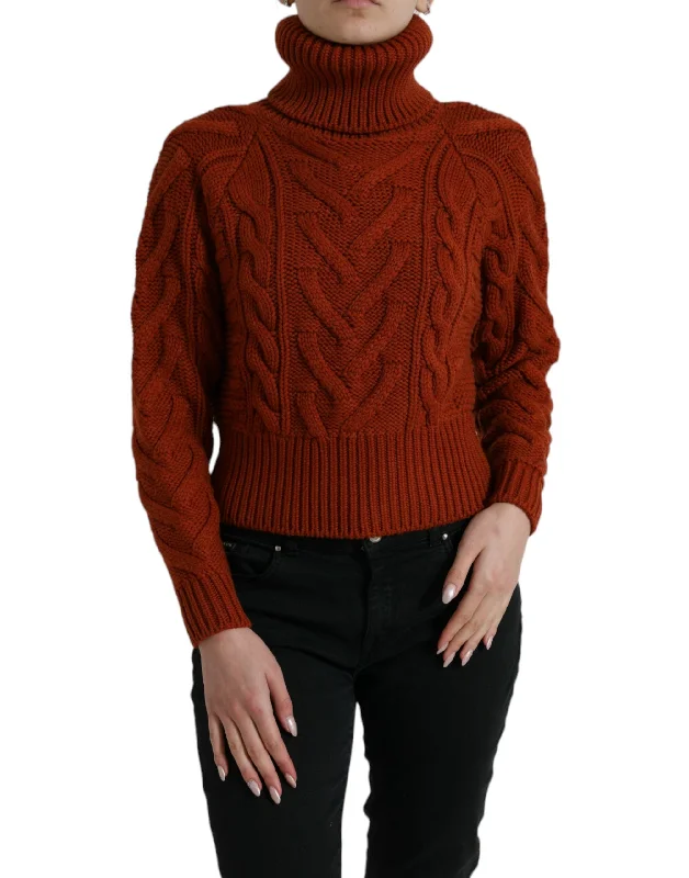 Elegant Brown Turtleneck Wool Sweater Solid Color Striped Floral Print
