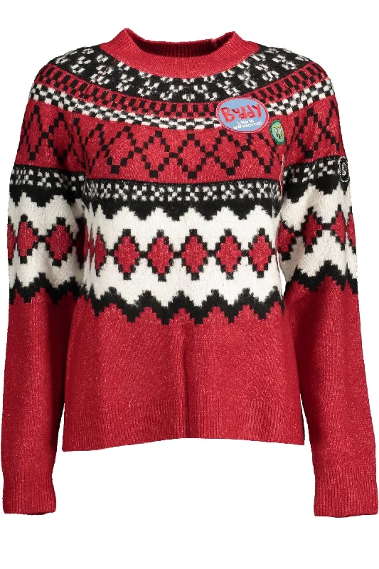 Red Polyester Women Sweater Toggled Drawstring Belted