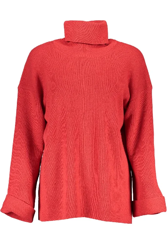 Red Wool Women Sweater Front Pockets Side Pockets Patch Pockets