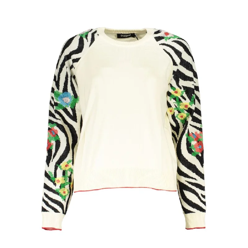 Elegant White Crew Neck Sweater with Contrast Details High Neck Crew Neck V-Neck
