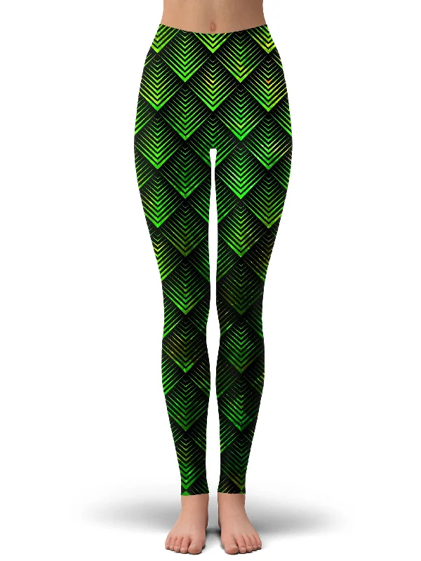 Galactic Dragon Scale Green Foil Leggings Elegant Satin Finish Leggings