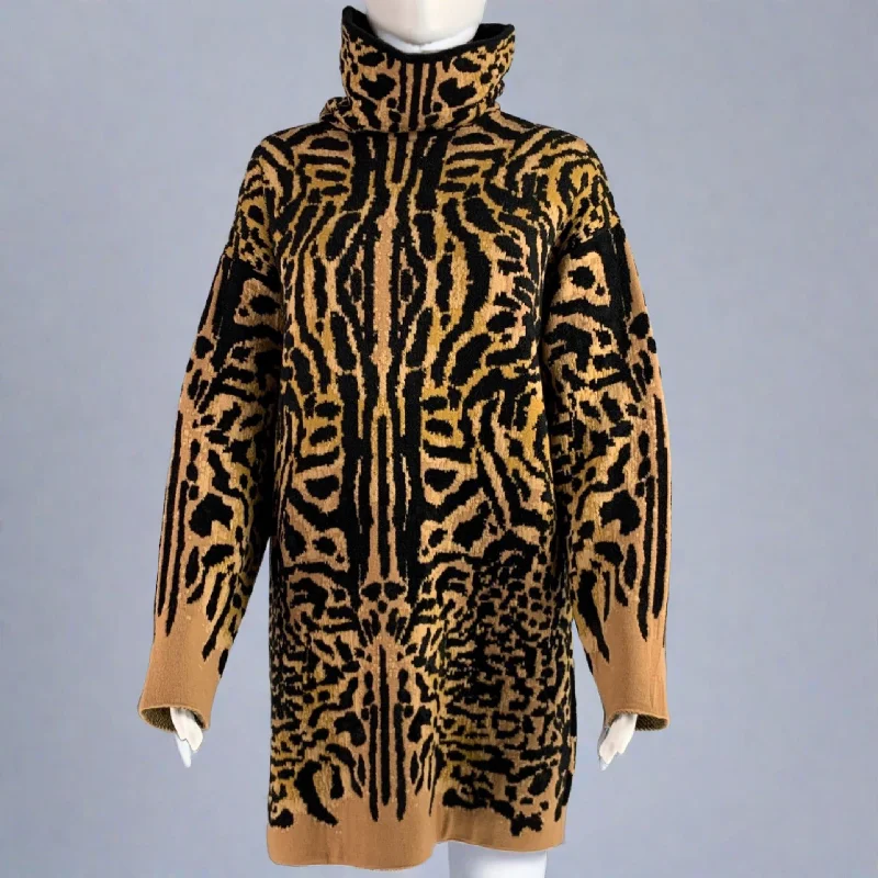 GIVENCHY Size XS Black Camel Wool Blend Leopard Turtleneck Sweater Denim Fabric Leather Fabric Suede Fabric