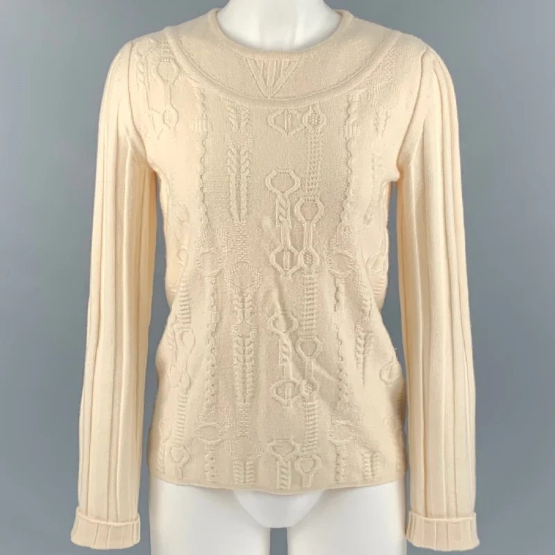 HERMES Size 6 Cream Virgin Wool Textured Sweater Beaded Sweater Sequined Faux Fur