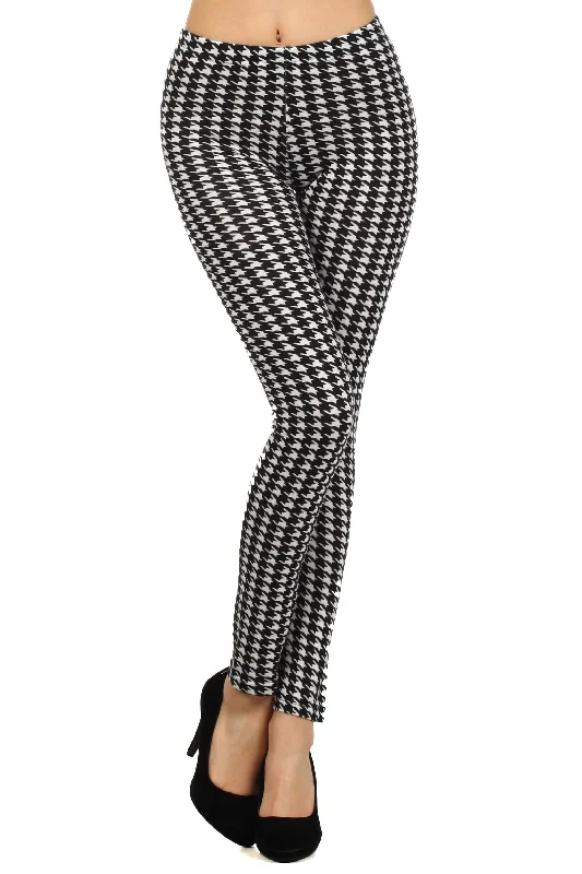 High Waisted Houndstooth Printed Leggings Trendy Adjustable Waist Leggings