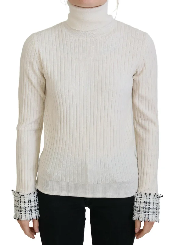 Ivory Turtleneck Wool Blend Sweater Zippered Front Buttoned Front Snap Front