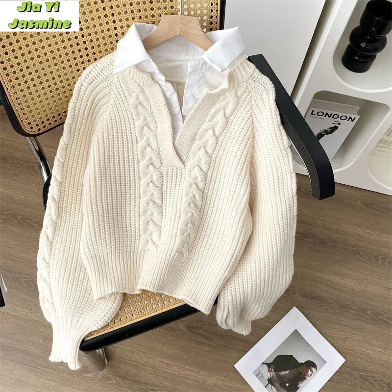 Japanese Lazy Retro Design with Fake Two Sweaters for Autumn and Winter Women's Clothing Silk Blend Satin Velvet