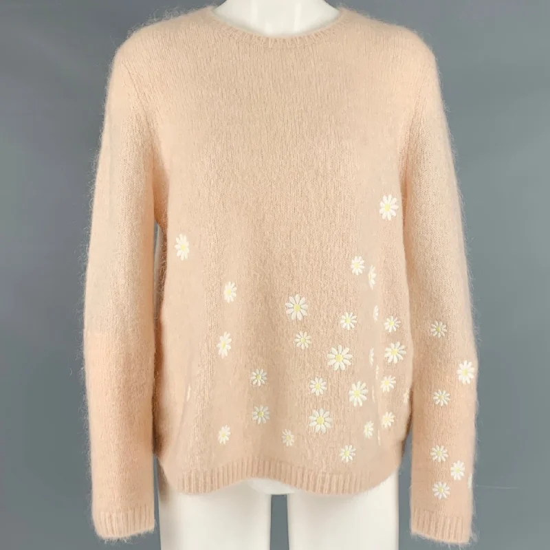 LA MAILLE SEZANE Size S Pink White Mohair Blend Embroidered Sweater Striped Floral Plaid