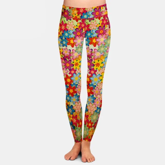 Ladies 3D Colourful Flowers Digital Printed Leggings Fashionable Solid Color Tights