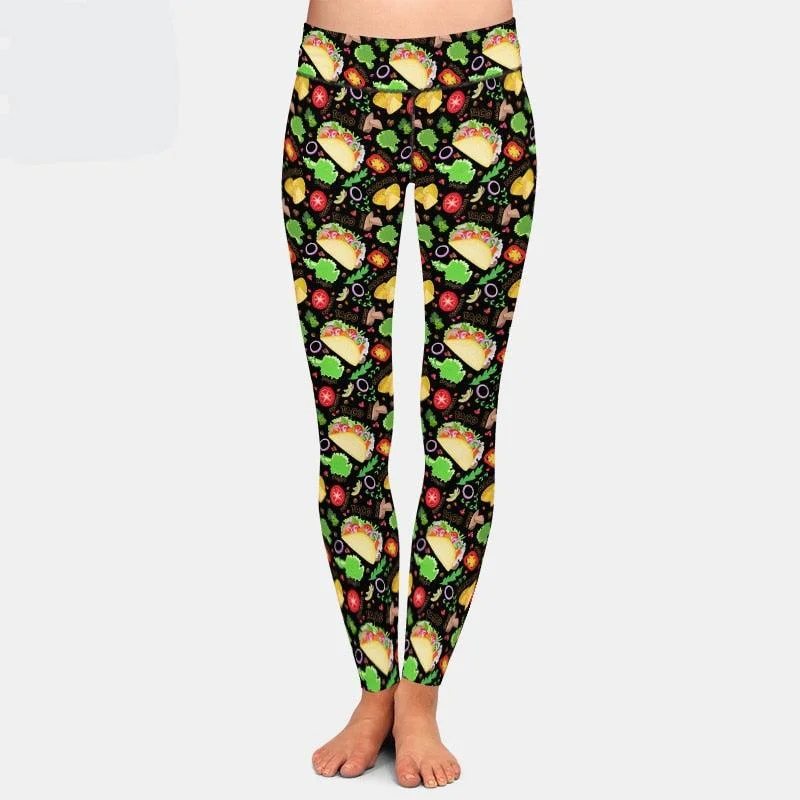 Ladies 3D Fast Food Tacos & Pizzas Printed Brushed Leggings Trendy Sports Performance Leggings