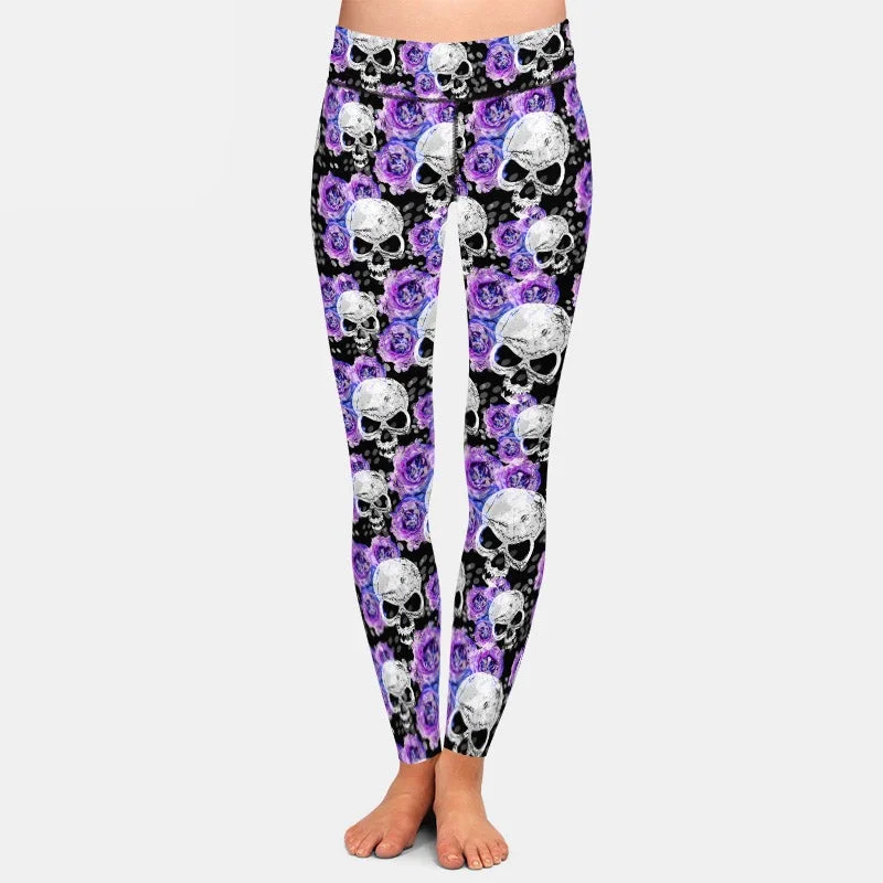 Ladies 3D Gothic Flowers & Skulls Printed Leggings Chic Printed Yoga Pants