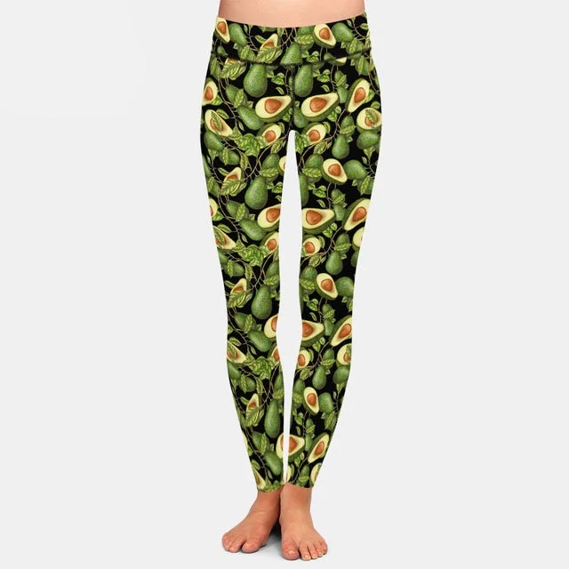 Ladies Avocados Black Design Soft Brushed Leggings Chic Floral Print Leggings