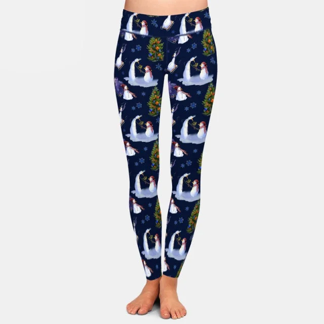 Ladies Winter Cute Snowmen & Christmas Trees Printed Leggings Stylish Sweat-Proof Leggings