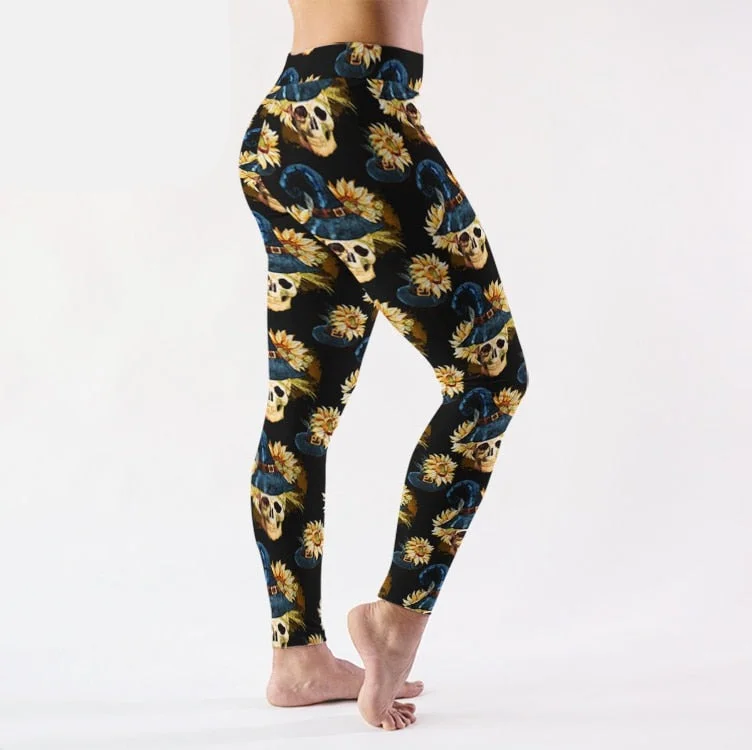 Ladies Witches Hats On Skulls & Sunflowers Digital Printed Leggings Fashionable Solid Color Tights