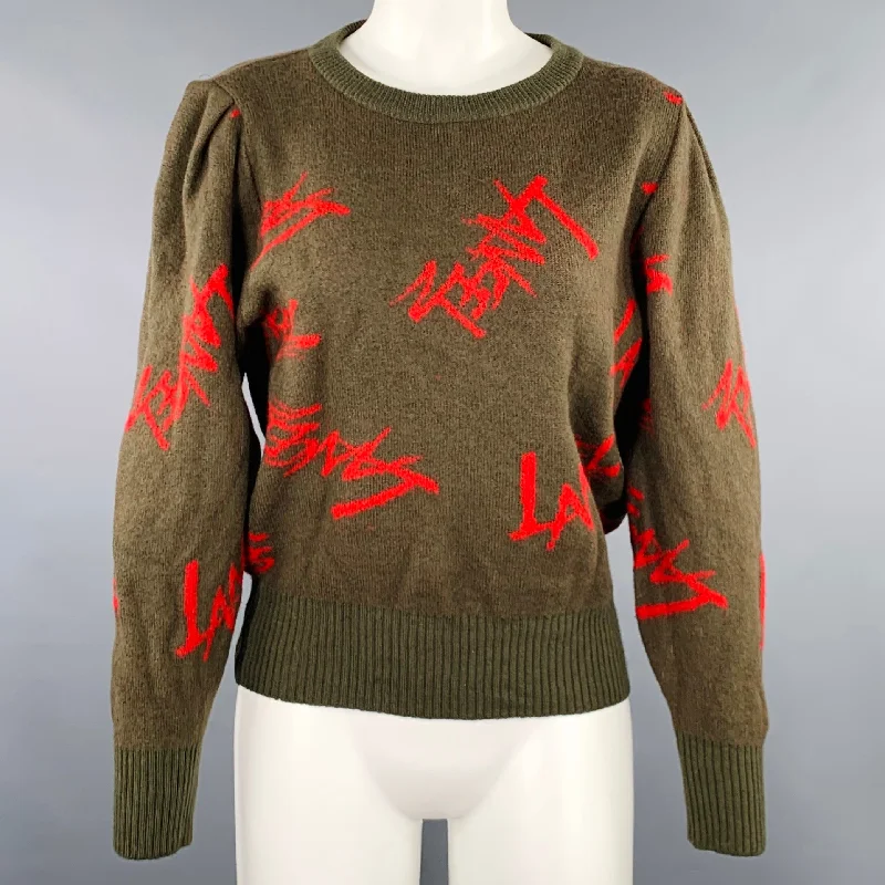 LANCEL Size M Red Olive Wool Blend Signature Print Knit Sweater Spandex Blend Rayon Blend Denim Blend