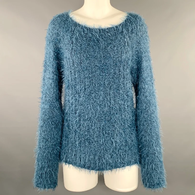 LINEAMAGLIA Size M Blue Nylon Blend Shaggy Scoop Neck Sweater Ribbed Striped Patterned