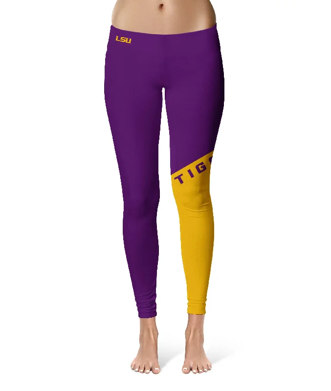 LSU Tigers Game Day Leg Color Block Purple Gold Yoga Leggings for Women by Vive La Fete Trendy Activewear Leggings