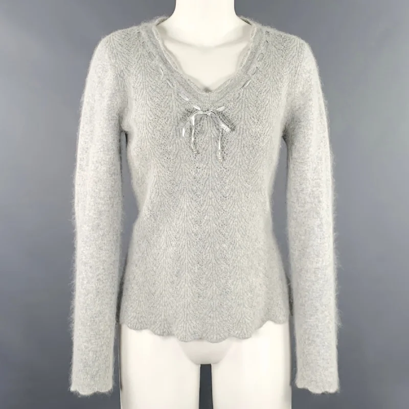 LUCY & LAUREL Size M Grey Nylon Blend Ribbon Trim V-Neck Sweater Lace Blend Ribbed Blend Corduroy Blend