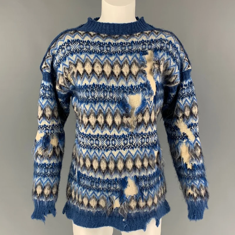 MAISON MARGIELA SS 22 by John Galliano Size L Blue White Wool Cotton Fair Isle Sweater Wool Fabric Cashmere Fabric Tweed Fabric