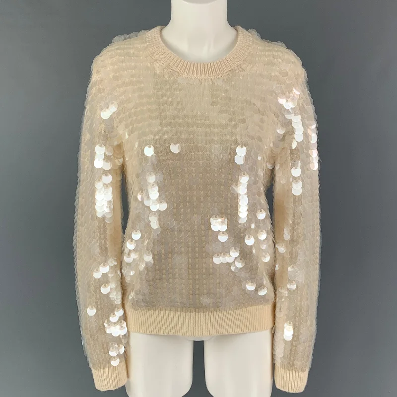 MARC JACOBS Size S Beige Transparent Wool Payettes Crew-Neck Sweater Jersey Fabric Tulle Fabric Batik Fabric