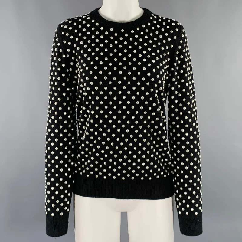 MICHAEL KORS Size M Black White Cashmere Pearls Crew Neck Sweater Silk Blend Satin Velvet