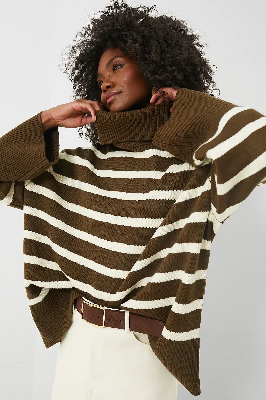Military Olive and Ecru Striped Turtleneck Sweater Spandex Blend Rayon Blend Denim Blend