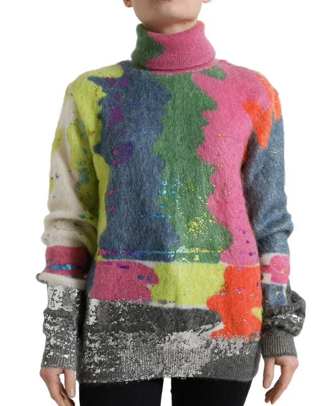 Multicolor Mohair Stripe Turtleneck Sweater Lace Blend Ribbed Blend Corduroy Blend