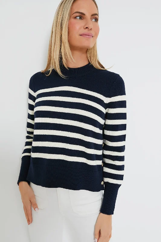 Navy and Ivory Striped Cropped Bexley Sweater Embroidered Appliqued Beaded