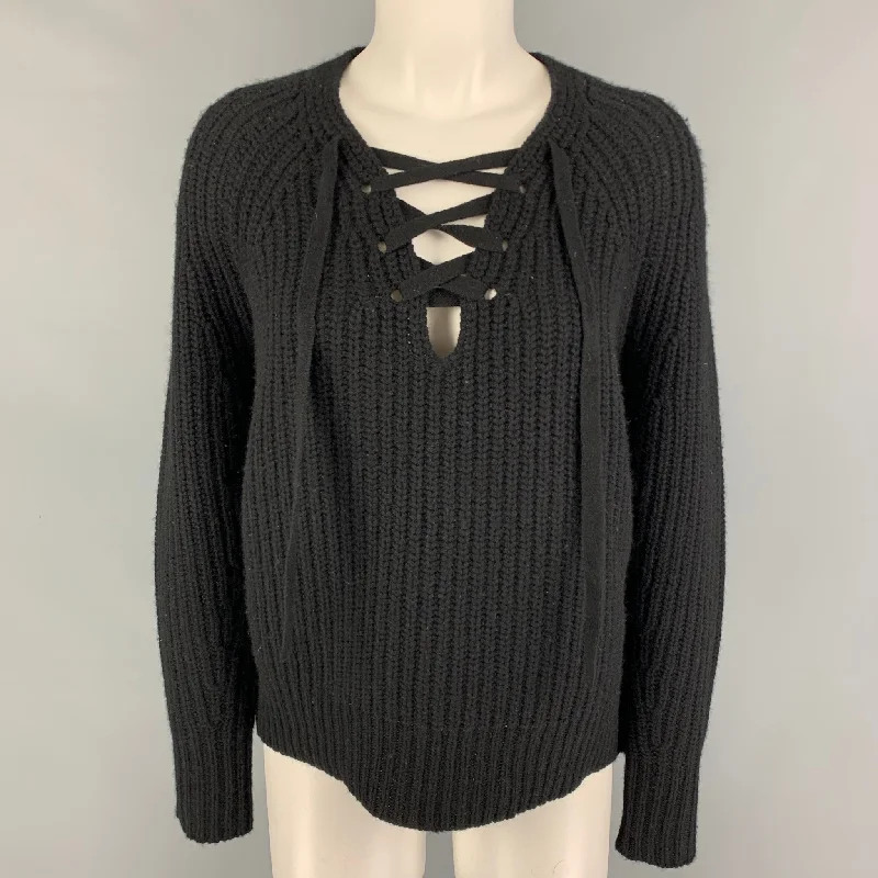 NILI LOTAN Size XS Black Cashmere Chunky Knit Sweater Satin Fabric Silk Fabric Chiffon Fabric