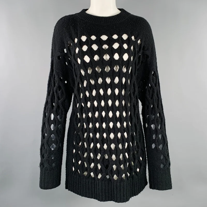 OSCAR DE LA RENTA Size M Black Cut Out Cable Knit Sweater Faux Fur Fabric Real Fur Fabric Shearling Fabric