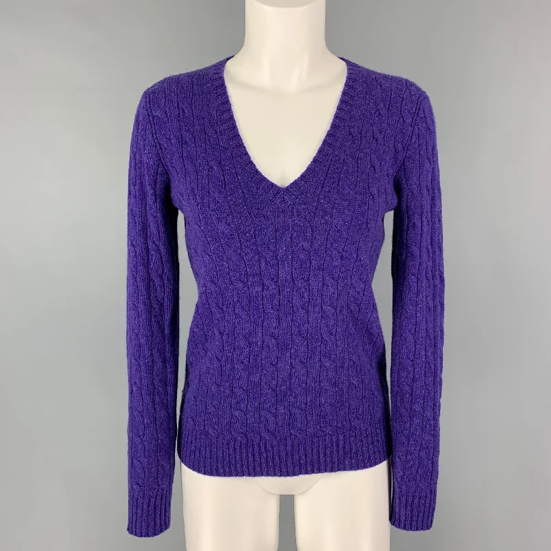 POLO by RALPH LAUREN Size M Purple Cashmere Cable Knit V-Neck Sweater Lightweight Heavyweight Midweight