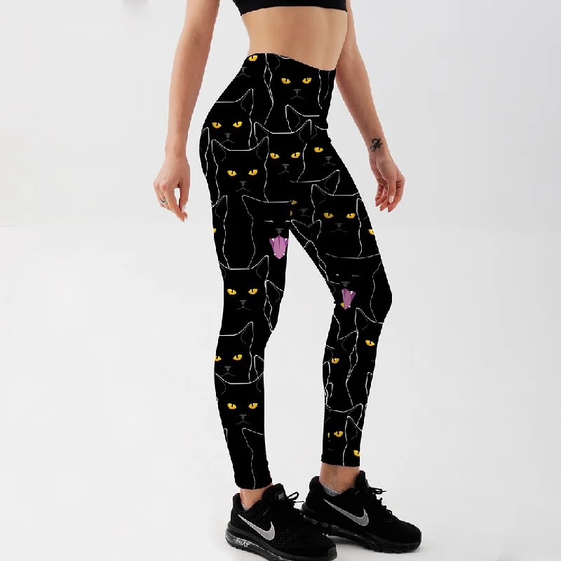 Qickitout Summer Style Fitness Women Leggings Black Cute Cats Printed Leggings Slim Workout Leggings Ankel Length Pants S-4XL Trendy Mesh Leggings